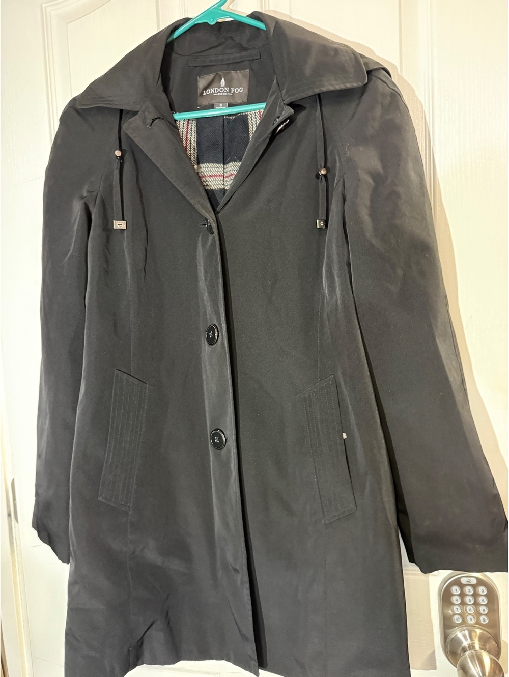 London Fog Raincoat S Womens Charcoal Gray Hooded Plaid Lined Trench Coat Jacket